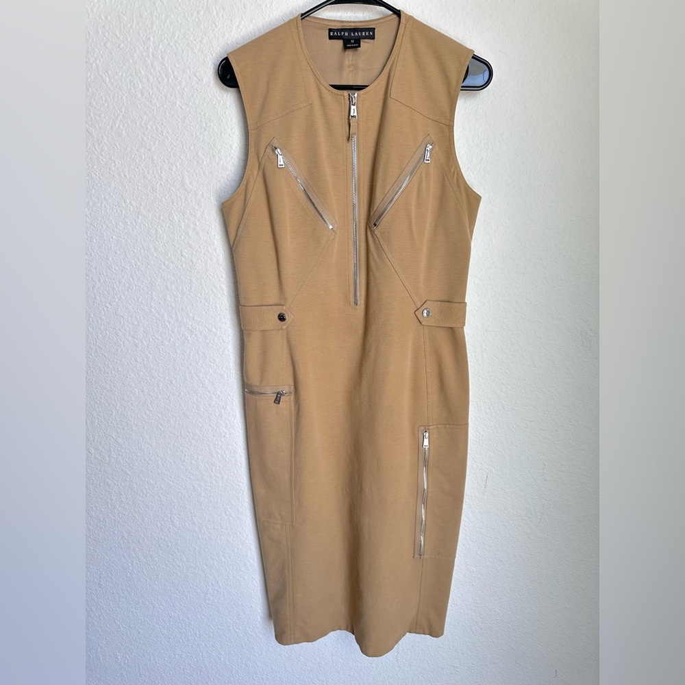 RALPH LAUREN Black Label Beige Sleeveless zip Dress Size 12 NWOT minimalist - Picture 3 of 15